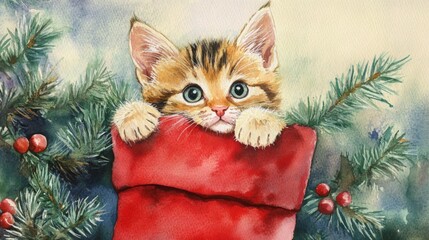 Obraz premium Christmas Kitten in a Stocking: Watercolor Painting of a Cute Kitten