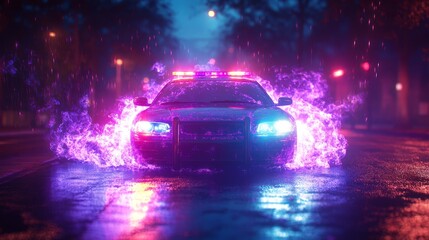 Police Car with Sirens in a Dramatic Foggy Night Scene