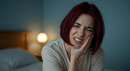 Woman Experiencing Severe Toothache Night Pain Bedroom Setting