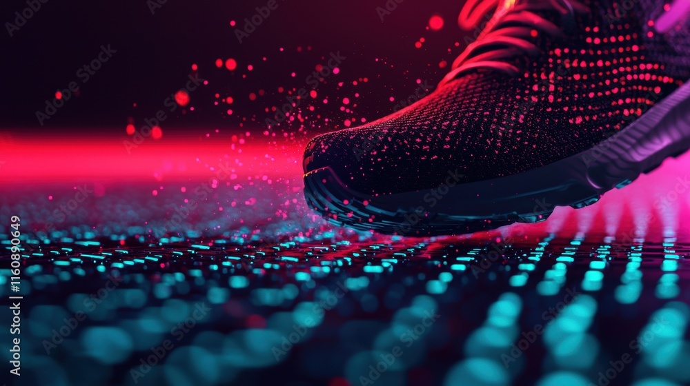 Poster dynamic running shoe splashing water with neon light background