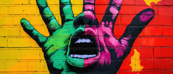 Naklejka premium Climate change ecosystem global crisis. Vibrant hand mural on a colorful wall