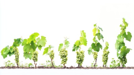 Grapevine growth stages, from sprout to mature vine with bunches of green grapes, isolated on white.