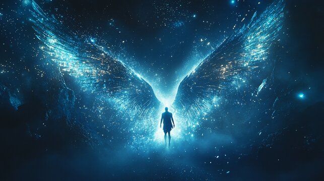 Winged figure in cosmic space with starry glow.