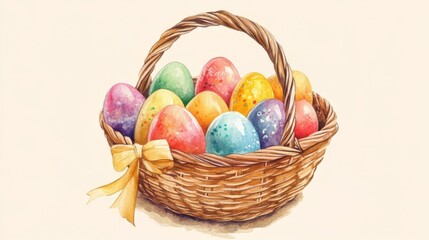 Colorful Easter Eggs in a Wicker Basket - Watercolor Painting