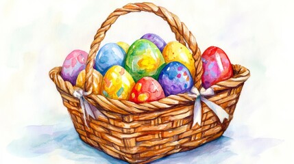 Watercolor Easter Basket with Colorful Eggs - Spring Celebration