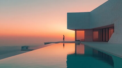 Sunset view from modern house infinity pool.