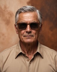 Fototapeta premium A mature man with silver hair and sunglasses poses confidently against a blurred brown backdrop, exuding a sense of wisdom and style.