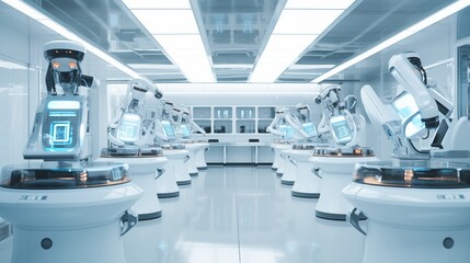 Obraz premium A futuristic lab with robotic arms performing experiments, hard light, space on the right for text,generative ai illustration