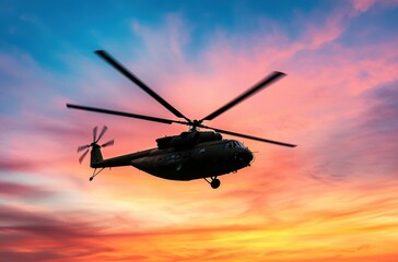 Helicopter Flying Against Colorful Sunset Sky at Dusk