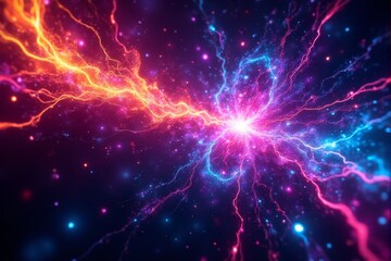 Fototapeta premium Quantum fields interacting as dynamic energy flows in neon colors