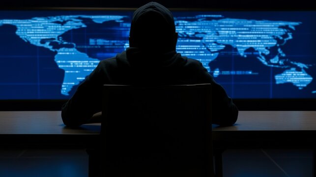 An anonymous hacker seating in front of a commanding monitor, engrossed in the process of deciphering intricate lines of code, highlighting network system vulnerability.	