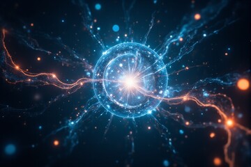 A quantum energy field surrounded by glowing data streams in motion