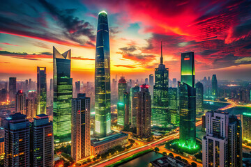Fototapeta premium vibrant cityscape featuring futuristic skyscrapers illuminated by sunset hues. skyline showcases modern architecture against dramatic sky, creating stunning urban scene