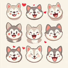 Fototapeta premium Nine Husky Faces Expressing Joy and Love