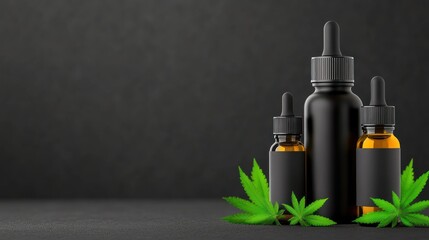Fototapeta premium Three dark dropper bottles with cannabis leaves on a textured background.