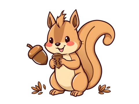 Charming Squirrel Acorn Sticker: Kawaii Contour Vector Art on White Background