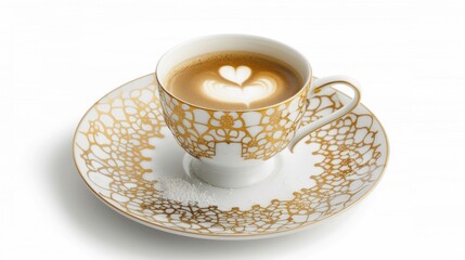 Latte art in elegant gold cup and saucer.