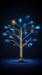A tree made of glowing circuits with interconnected leaves, symbolizing relationships