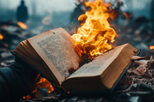 A book burning in an abandoned library, with people walking by the ruins oblivious to the loss of knowledge