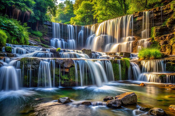 Obraz premium stunning waterfall cascades over rocky ledges, surrounded by lush greenery, creating serene and tranquil atmosphere. flowing water reflects sunlight, enhancing natural beauty