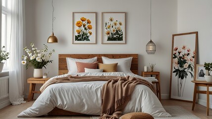 Flowers on wooden stool and pouf in white bedroom interior with posters above bed. Real photo