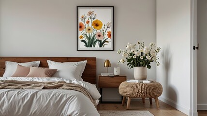 Flowers on wooden stool and pouf in white bedroom interior with posters above bed. Real photo