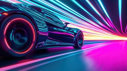 Futuristic Sports Car in Motion with Neon Light Effects
