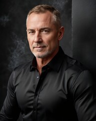 Obraz premium A confident man in a black shirt poses against a dark background, exuding charisma and sophistication.