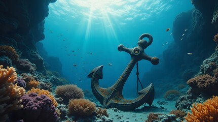 Sunbeams dance on an ancient anchor, resting peacefully on an ocean floor, surrounded by vibrant coral reefs and curious fish.