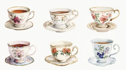 Fototapeta premium Vintage Teacups Watercolor Illustration. Beautiful Floral Tea Cups and Saucers. Elegant Tea Time Design.
