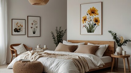 Flowers on wooden stool and pouf in white bedroom interior with posters above bed. Real photo