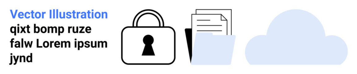 Lock representing security, documents illustrating files, and a cloud icon symbolizing cloud storage. Ideal for data protection, cloud services, cybersecurity, cloud computing, file management