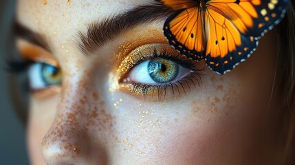 Woman with a butterfly on her face. This artistic image represents fashion, creative elegance, and beauty. The monarch butterfly symbolizes nature, artwork, and inspiration