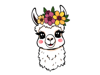 Adorable Kawaii Llama Sticker: Flower Crown Charm on White Vector Background