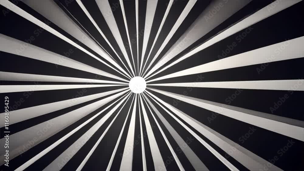 Poster striking black and white geometric design featuring radial pattern of abstract lines, creating dynam