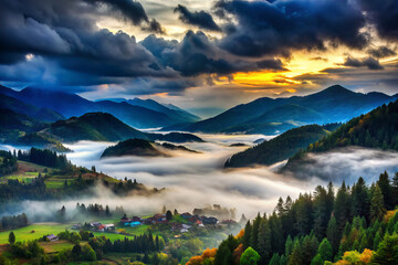 Fototapeta premium Breathtaking mountain valley with mist, vibrant colors, and dramatic clouds. serene landscape showcases lush greenery and peaceful village nestled among hills