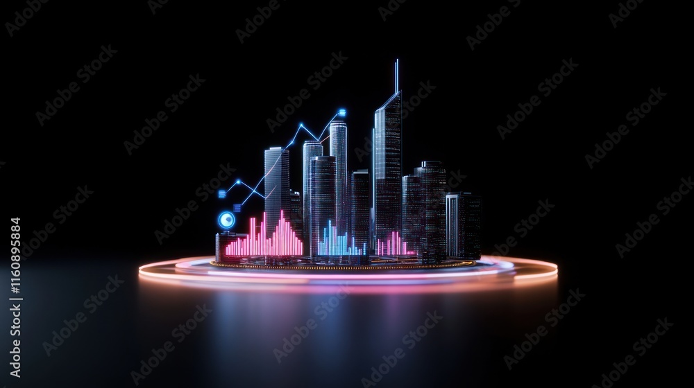 Poster futuristic cityscape with data visualization elements.