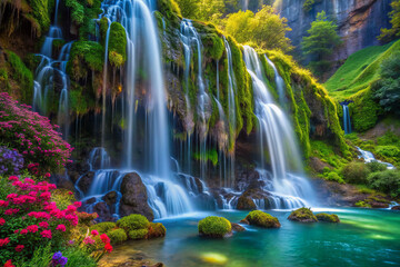 Obraz premium vibrant, pulsating waterfall cascades down moss covered cliff, surrounded by lush greenery and colorful flowers, creating serene and picturesque landscape