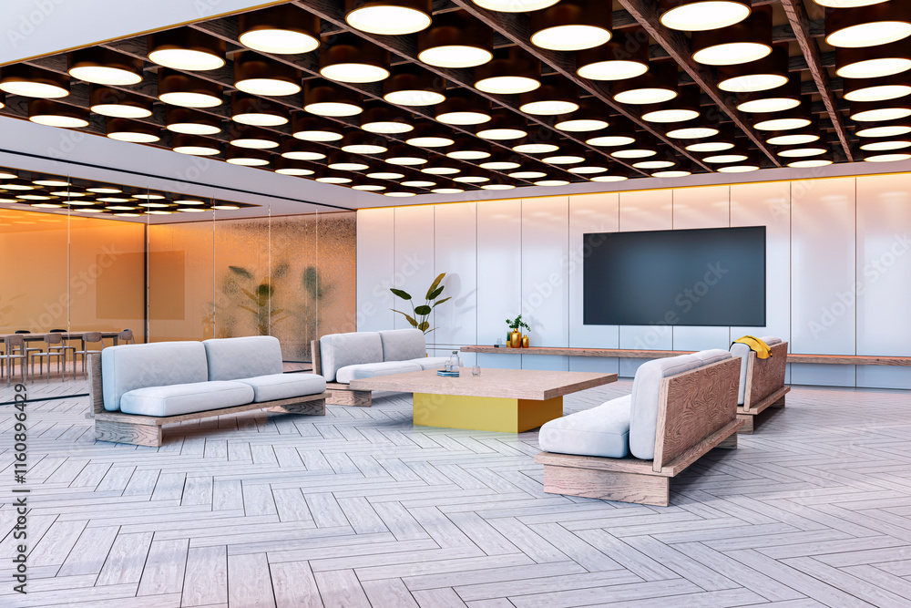 Poster Spacious modern waiting area with elegant furniture and unique ceiling design. 3D Rendering