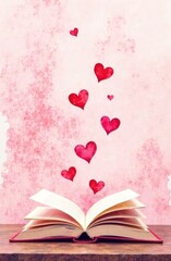 Opened book on table with flying small red hearts on light pink background. Love, valentines or mother's day concept. Close up, copy space