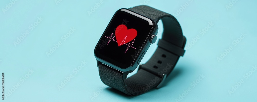 Poster smartwatch displaying heartbeat graph on aqua background