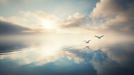 Fototapeta premium Two birds flying over calm water at sunrise.