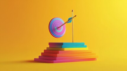 Fototapeta premium Colorful arrow hitting target on layered platform.
