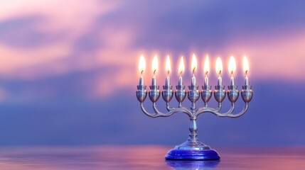 Silver Menorah with Burning Candles Against a Purple and Pink Sky