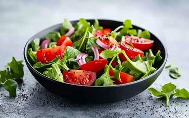 Fresh garden salad with mixed greens, watermelon chunks, and crumbled feta cheese in a black ceramic bowl, offering a refreshing summer dish for healthy living inspiration