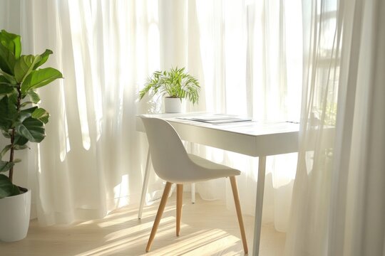 Bright workspace with natural light filtering through sheer curt