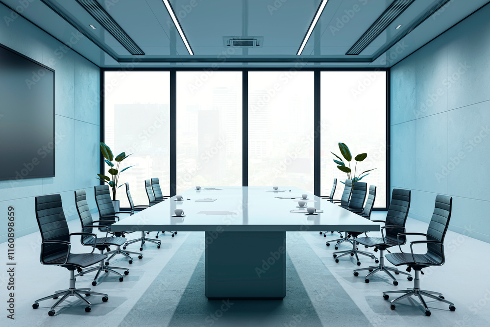 Poster modern conference room interior with a large table, chairs, and a city view through large windows. c