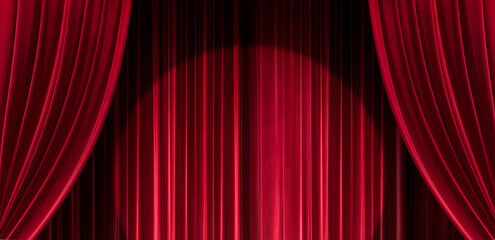 Big event red curtains with spotlight. Open the curtain for a stage performance with spotlight...