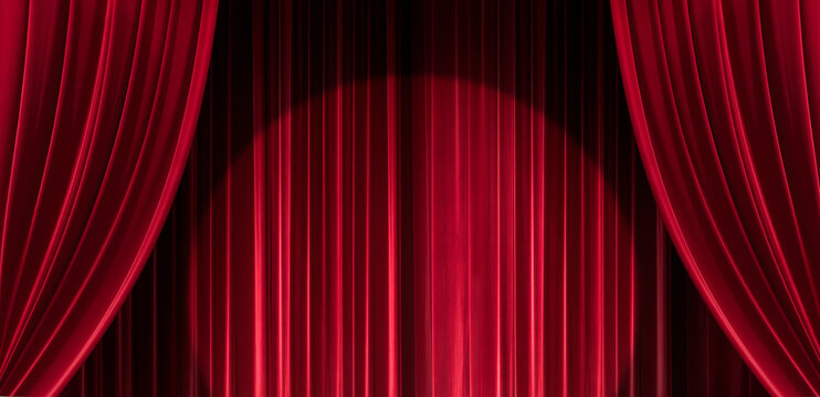 Big event red curtains with spotlight. Open the curtain for a stage performance with spotlight Theatre. Nightclub or cabaret show. Presentation of a classic and luxurious work with performing arts. 