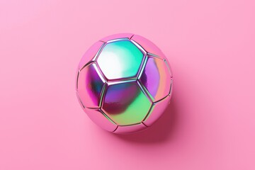 Naklejka premium Colorful Holographic Soccer Ball on Pink Background for Sports Themes